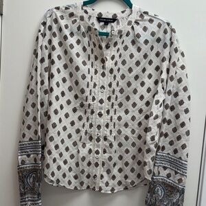 Veronica Beard White Button-Up Blouse with Brown Motif and Blue Paisley Cuffs